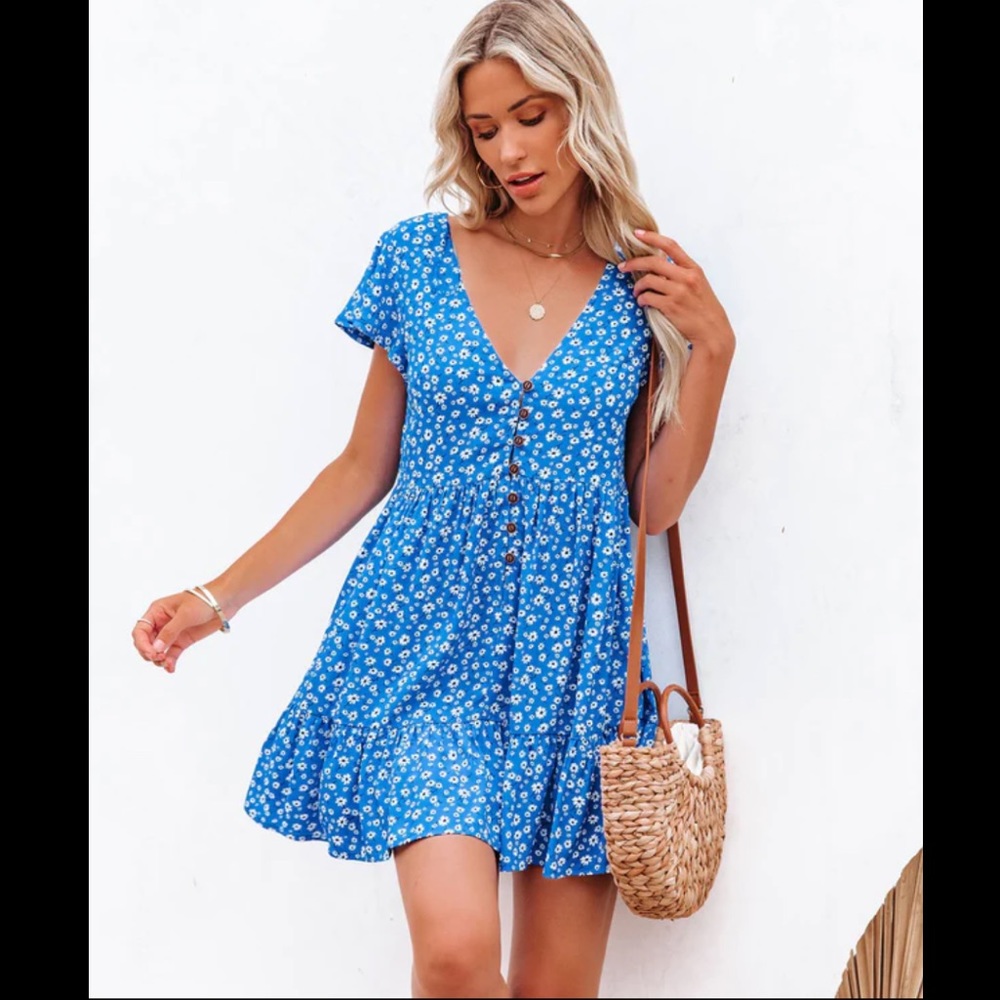 Vici Sky to Moon Deep Dive Button Down Blue Floral Babydoll Dress New
